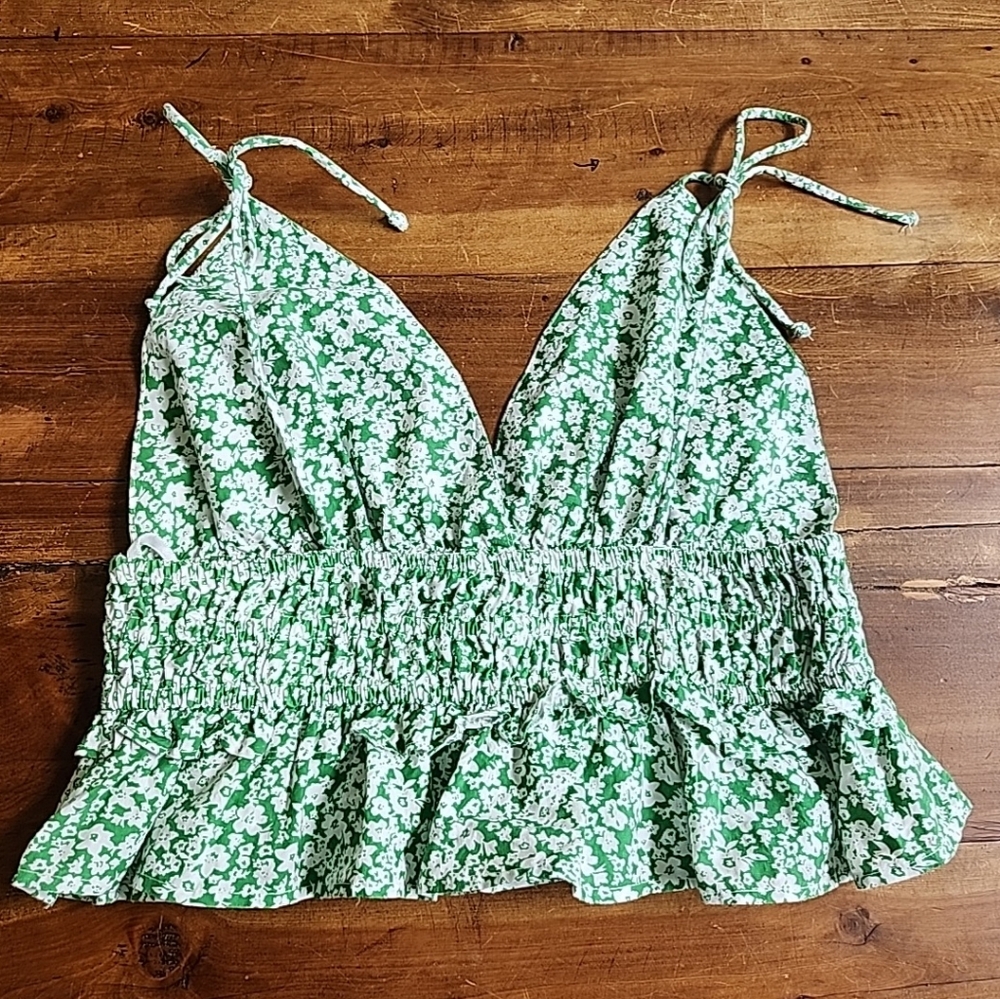 Sim & Sam Halter Crop Top XL Anthropologie Calico Green White